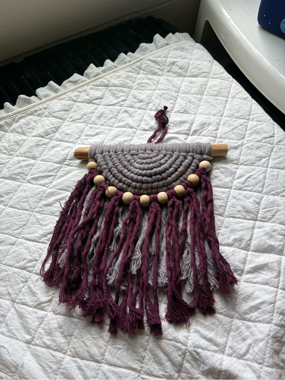 Handmade Maroon and Gray Macrame Wall Hanging